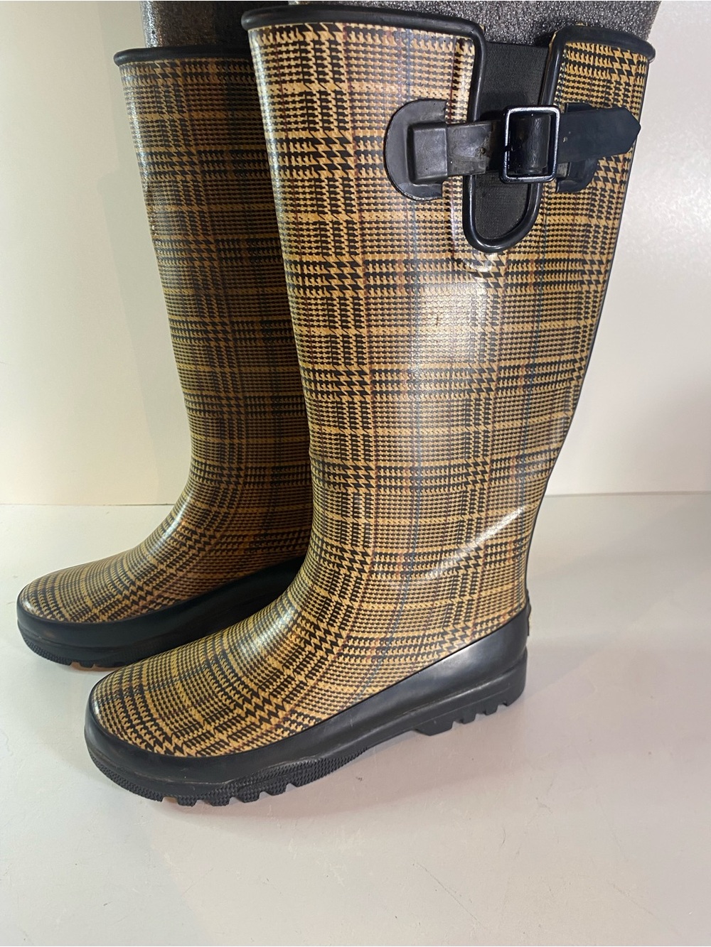 Sperry Top-Sider Blue Tan Plaid Rubber Rain Boots Size 7